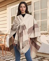 Poncho châle léger beige marron à carreaux avec franges pour femme, à nouer devant, cape en chevrons, doux imitation cachemire réversible, collection automne