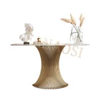 Table console d'entrée de luxe en marbre, table de couloir classique en verre courbé transparent, table de présentation moderne pour hall d'entrée