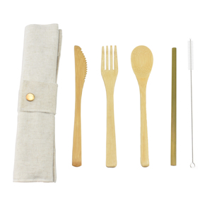 Hot bán biểu tượng tùy chỉnh ngoài trời dã ngoại tre gỗ dao muỗng nĩa rơm thiết lập dao kéo với du lịch Pouch - Product Image 1