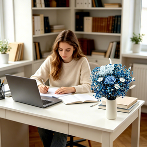 Decorazione da Tavolo <span class=keywords><strong>con</strong></span> <span class=keywords><strong>Rose</strong></span> Stabilizzate e Fiori Secchi Blu Fatti a Mano per il Ritorno a Scuola e il Ringraziamento - Product Image 1