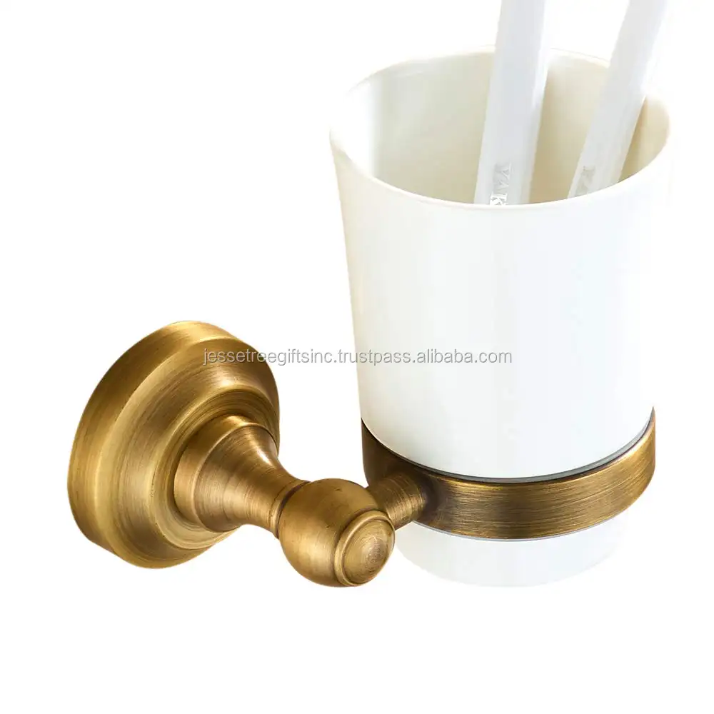 Metal Wall Mounted Toothbrush Holder With White Ceramic Gargle Cup Tumbler Antique Brass Finishing Round Shape For Organization