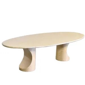Outdoor indoor di pietra naturale intagliato a mano tavolo grande e moderno di design di lusso ovale rotondo travertino caffè in marmo tavolo da pranzo