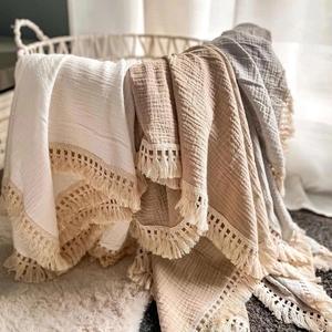 Couverture pour nouveau-né 100% <span class=keywords><strong>coton</strong></span> mousseline, à franges avec pompons, motif étoiles et lunes, respirante toute saison - Product Image 2