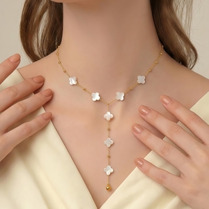 Collar Lariat de Aguamarina Natural 2026 con Forma de Trébol, <span class=keywords><strong>Cadena</strong></span> de Cuentas Satélite en Forma de Y, Acero Inoxidable con Oro de 18K CL26-150 - Product Image 2