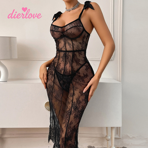 Zwarte bloemenkant transparante doorschijnende mesh lange mouwloze chemise nachtjapon nachtkleding met string sexy dames lingerie set 2-delig - Product Image 3