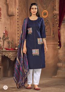 Venta al por mayor de la fábrica de suministro de algodón puro Kurti Pent Dupatta 3 piezas para las mujeres Ropa de FIESTA DE LA India Exportación - Product Image 3
