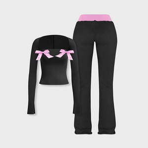 Huili ชุดกีฬาผ้าฝ้ายสองชิ้นสำหรับผู้หญิงกางเกงเล่นกีฬาบล็อกสีมีโลโก้ตามสั่ง - Product Image 6