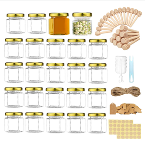 Mini pot en verre de <span class=keywords><strong>confiture</strong></span> de gelée de miel de forme hexagonale transparente de 45ml étiquette de logo personnalisée avec couvercle en métal - Product Image 1