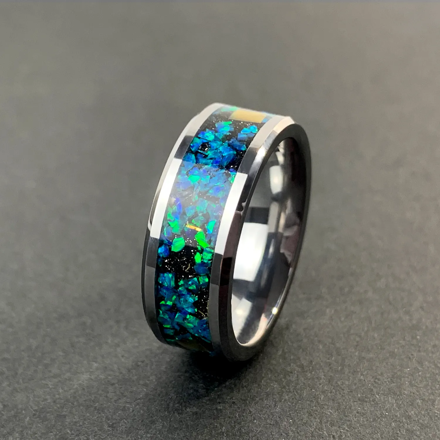 Hoge Kwaliteit 8Mm Zilveren Wolfraam Ring Voor Mannen Vrouwen Galaxy Opal Inlay Mode Sieraden Verloving Trouwring