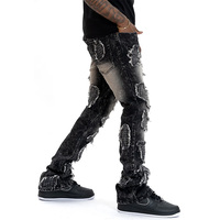 Pantalon en tissu denim de haute qualité, style streetwear, design déchiré, jambe évasée superposée, jeans avec patchs brodés personnalisés, jeans pour hommes