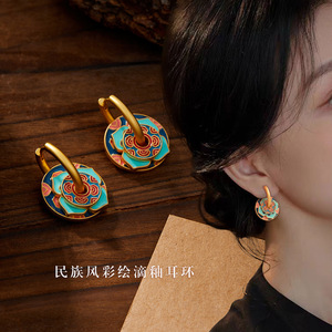 Chinese Retro Style Enamel Drop Earrings Flower Shape Ethnic Design Copper <b>Post</b> EA12936 - Product Image 1