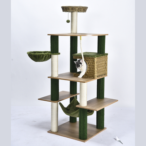 En gros Arbre à chat 168 cm multi-niveaux en bois avec niche en osier, poteaux à gratter en sisal et hamac en peluche OEM ODM - Product Image 2