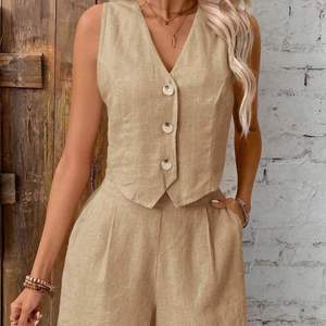 Venta al por mayor de algodón de estilo francés de moda Retro elegante de las mujeres de dos piezas con cuello en V de un solo pecho chaleco y pantalones cortos Slim Casual Suit - Product Image 6