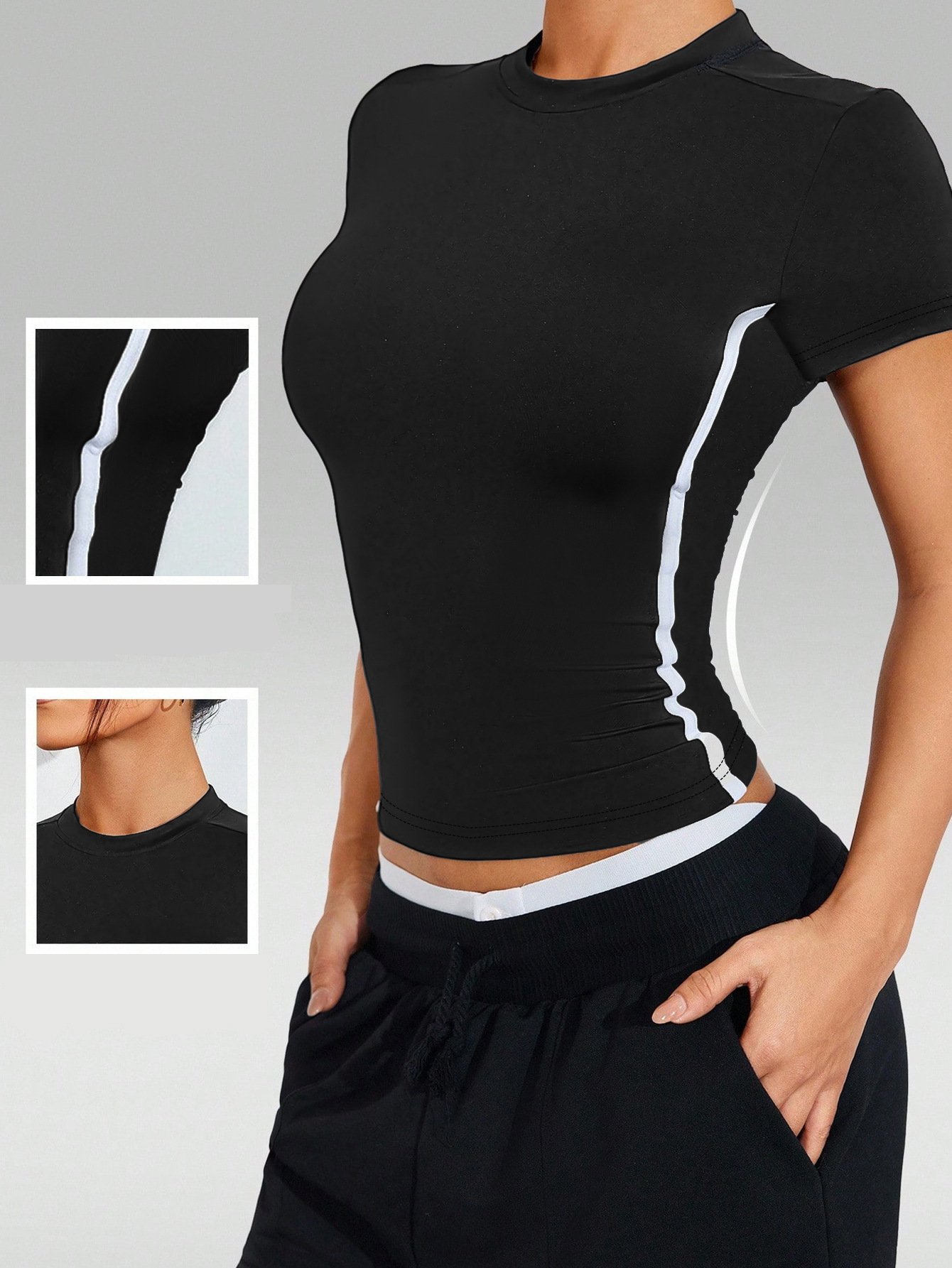 2025 Cross-Border New Hot Yoga Sports Fitness Round Neck T-Shirt Color-Block Top for Women
