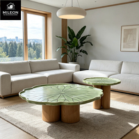 Ensemble de tables gigognes de luxe 2 pièces, plateau texturé feuille de lotus, base en bois massif, table basse décorative pour salon, hôtel, villa