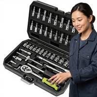 Juego de Llaves de Trinquete de 46 Piezas, Juego de Llaves de Trinquete de 1/4 de Pulgada, Llaves Métricas, Barras de Extensión, Acero al Carbono, Operación Manual, OEM