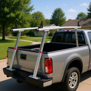 Soporte de aluminio para escalera de camioneta, capacidad de 800 lb, altura ajustable de 17 a 29 pulgadas, juego de dos barras, sin perforación, abrazaderas en C, color plateado - Product Image 2