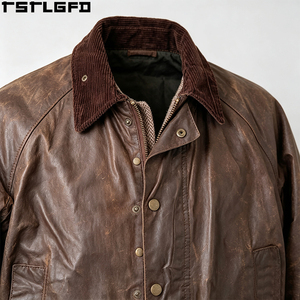 Oem Odm Waxed Cotton <b>Jacket</b> Corduroy Collar Vintage Distressed Brown Field <b>Jacket</b> Water Resistant Hunting Coat Bulk - Product Image 4