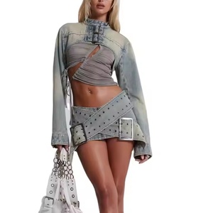 Nuevo Conjunto de Mezclilla para Mujer de Alta Calidad, Top Corto Sexy con Hombros Caídos, Minifalda en Línea A, Mezclilla Deslavada con Efecto Ácido - Product Image 2