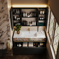 Meuble-lavabo flottant moderne à panneaux cannelés, avec vasque intégrée thermoformée, en bois massif, et armoire de salle de bain avec miroir de rangement à éclairage LED