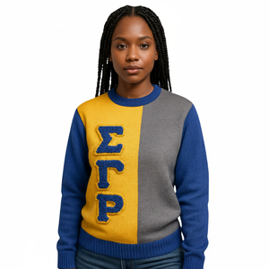 Sigma Gamma Rho White 3 Tone Knit Sweater Divine Nine Greek Sorority SGRho Chenille Bordado Pullover Cuello redondo Ropa de invierno - Product Image 1