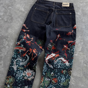 Retro Y2k <strong>Custom</strong> Private <strong>Label</strong> 3d Embroidery Flare Straight Leg Oversized Graphic Distressed Heavyweight Denim Cotton <strong>Jeans</strong> - Product Image 2