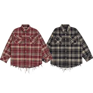 Tùy chỉnh couple's hợp thời trang nhung kẻ sọc áo sơ mi đau khổ thô cạnh nút kẻ sọc flannel Áo sơ mi Retro men's flannel Áo sơ mi