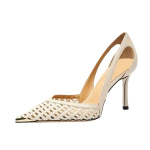 Escarpins Stiletto Formels Élégants pour Femmes, Personnalisables OEM/ODM, Vente en Gros, Été, Respirants, Tissés, à Découpes, Talons Hauts, Bout Métallique Argenté Brillant - Product Image 1
