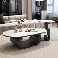 Table basse ovale en pierre frittée blanche avec cadre en fer noir incurvé, anti-rayures, imperméable, moderne, pour salon, table à thé, décoration de la maison