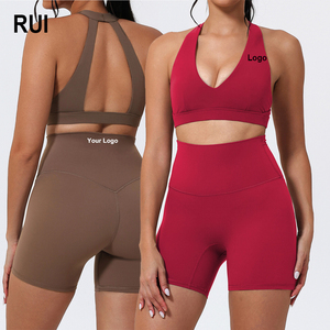 RUIQUWIN OEM Conjunto de Shorts Deportivos Transpirables de Cintura Alta para Mujer, Color Sólido, Rayado, Tallas Grandes, Ropa de Yoga Ajustada de 2 Piezas - Product Image 1