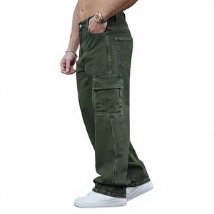 Jeans cargo vert slim fit pour homme, pantalon en denim délavé décontracté, style vintage classique, streetwear, coupe droite, poches latérales, 100% coton - Product Image 4