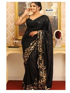 Sari en Georgette Tissé à la Main, Tendance, avec Riches Broderies de Paillettes Doubles, Travaux de Paillettes Complets et Lourds, Protection Solaire, Séchage Rapide - Product Image 1