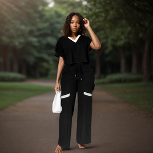 ชุดเซ็ตสองชิ้นแฟชั่นผู้หญิง คอวี สีพื้น เอวสูง สไตล์ลำลองสุดฮิตประจำฤดูร้อน - Product Image 3