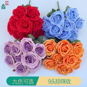 Bouquet de neuf roses en soie à perles, 37 cm, décoration de mariage, décoration murale florale, décoration de la maison, couleur orange - Product Image 4