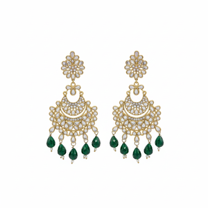 Bridal Ethnic Chandelier Drop Earrings Claw Setting Pearl Chain Matching Maang Tikka Alloy Gold Plated Vintage Traditional - Product Image 2
