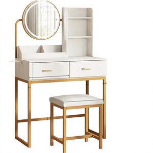 Table de maquillage moderne avec miroir <span class=keywords><strong>LED</strong></span> rond, tiroirs, étagère de rangement et tabouret, bureau de coiffure pour chambre à coucher - Product Image 1