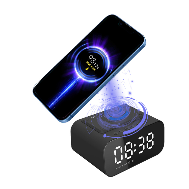 15W Fast Wireless Charger Bluetooth Speaker with LED Display Temperature Smart Table Alarm Clocks Desk Table Clock with FM Radio