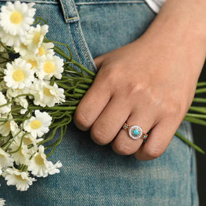 Rose <b>Gold</b> <b>Turquoise</b> <b>Ring</b> With Diamond Halo Geometric Design Women's Engagement Gemstone <b>Ring</b> T0874 - Product Image 5