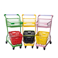 Chariot de courses à deux niveaux avec paniers colorés en métal pour supermarché