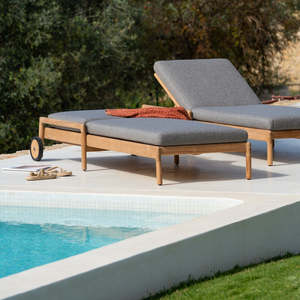Chaise longue de plage en bois de luxe pour l'extérieur avec dossier réglable, coussin et roulettes pour villa, parc, hôtel, plage, <span class=keywords><strong>piscine</strong></span> - Product Image 5