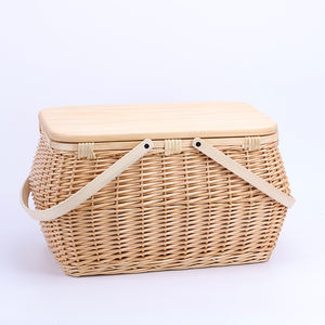 round beach rattan willow Outdoor Oval Storage Picnic Baskets Wicker Insulated Cooler Basket with Wood Lid Handle