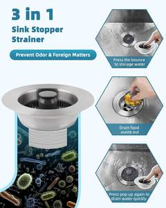 Crépine de vidange universelle pour <span class=keywords><strong>évier</strong></span> de cuisine 3-en-1 en acier inoxydable, avec <span class=keywords><strong>bouchon</strong></span> escamotable et poignée anti-colmatage - Product Image 3