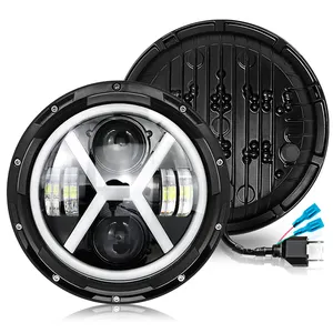 Beste LED 7 Zoll runde X-Form LED-Scheinwerfer Wasserdicht 60W zweifarbig Angel Eyes 7 Zoll H4 Motorrad Scheinwerfer LED für Harley