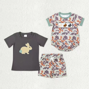 Conjuntos de Ropa de Pascua para Bebés Hermanos, Pantalones Cortos con Bolsillos de Camuflaje y Bordado de Conejos - Product Image 1