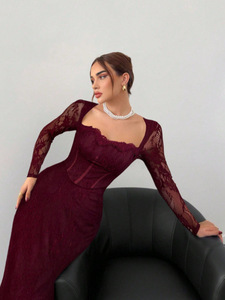 Re Mcgreen Star 2025 nuova moda romantica pizzo elegante elegante collo quadrato abito Vintage in pizzo a maniche lunghe - Product Image 3