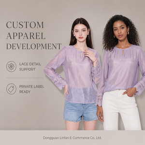 Camicetta da donna con design unico, viola, con polsini in pizzo, trasparente, a maniche lunghe, girocollo, elegante, slim fit, estiva - Product Image 4