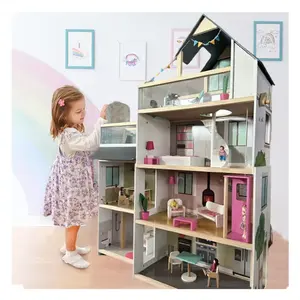 Huge Doll house with 4 Dolls Figure, Furniture, Accessories, LED Light, 4 Stories Princess Dream house Toys Gift for Kids 2 3 4