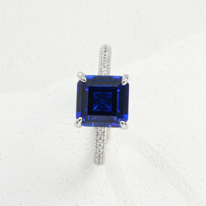 Anillo de Zafiro Azul Real Creado en Laboratorio, Corte Radiante, Plata de Ley 925, con Piedras Laterales Incrustadas, Anillo de Compromiso para Mujer - Product Image 1
