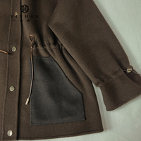 Parka en laine mélangée marron foncé pour femme avec capuche, taille ajustable par cordon de serrage, poches contrastantes, manteau d'hiver décontracté