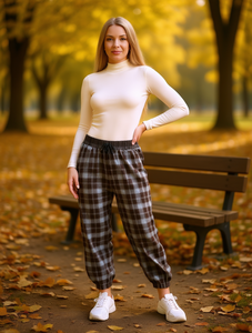 Pantalon sarouel en flanelle à carreaux, taille élastique, coupe ample, longueur cheville, tenue décontractée pour l'automne - Product Image 2